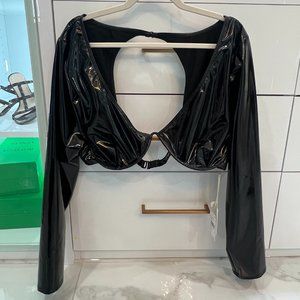 Good American GSW0314 Black Patent Leather Longsleeve Under Wire Swim Top